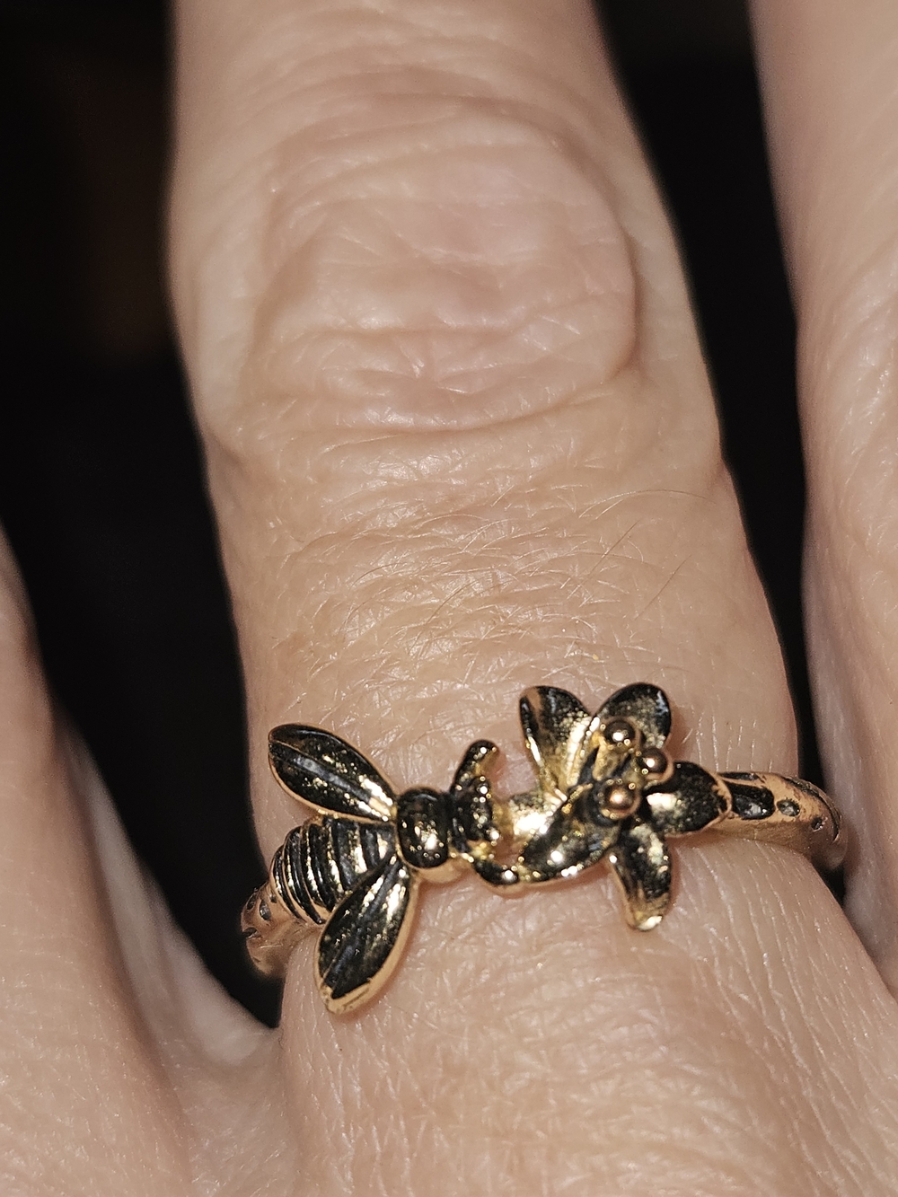 Delicate Gold Bee & Flower Ring for Women